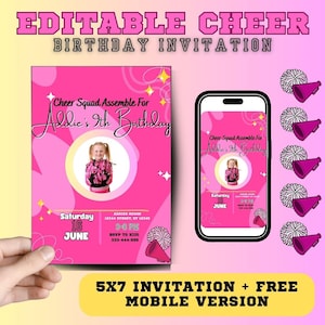 Cheer Birthday Invitation Digital Editable Canva Template 5x7 & iPhone Size | Cheer Party Invite Printable Instant Download