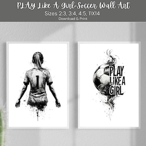Girl Soccer Wall Art Printable Set - “Play Like a Girl” Quote & Player Poster - Digital Soccer Decor for Girls Room, Instant Download