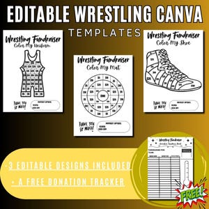 Può includere: Una raccolta di modelli Canva di wrestling modificabili per la raccolta fondi. I design includono una divisa, un tappeto e una scarpa, ognuno con spazi da colorare dopo le donazioni. È incluso anche un tracker di donazioni gratuito.