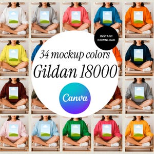 Gildan 18000 Sweatshirt Mockup Bundle | 34 Color Lifestyle Mockups | Canva & PNG Templates | Boho Neutral Model | Crewneck Digital Download