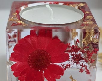 Handmade Resin Tealight Holder with Real Flower, Gold Leaf, Pearls | Romantic Home Decor