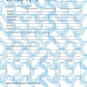 May include: A weekly planner with a white background and a blue wavy pattern. The title "Weekly Recap" is in a script font. Sections include symptom summary, medication reactions, and notes for the doctor. The planner is designed for health tracking.