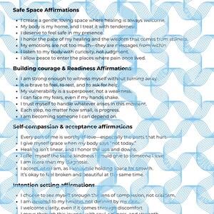 May include: A white paper with the words "Mantra & Affirmations" in a cursive font. The paper contains affirmations in sections such as "Safe Space Affirmations" and "Building Courage & Readiness Affirmations" with a blue wave pattern background.