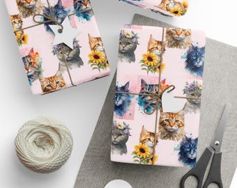 Whimsical Cats  Wrapping Paper, Cute Pet Gift Wrap, Floral Birthday Wrap, Cat & Dog Art Paper, Eco-Friendly Packaging