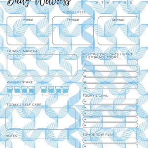 May include: A Daily Wellness planner in white and blue, with sections for mental, physical, and spiritual health. Includes prompts for daily goals, self-care, and positive thoughts. Features a water intake tracker and space for notes.