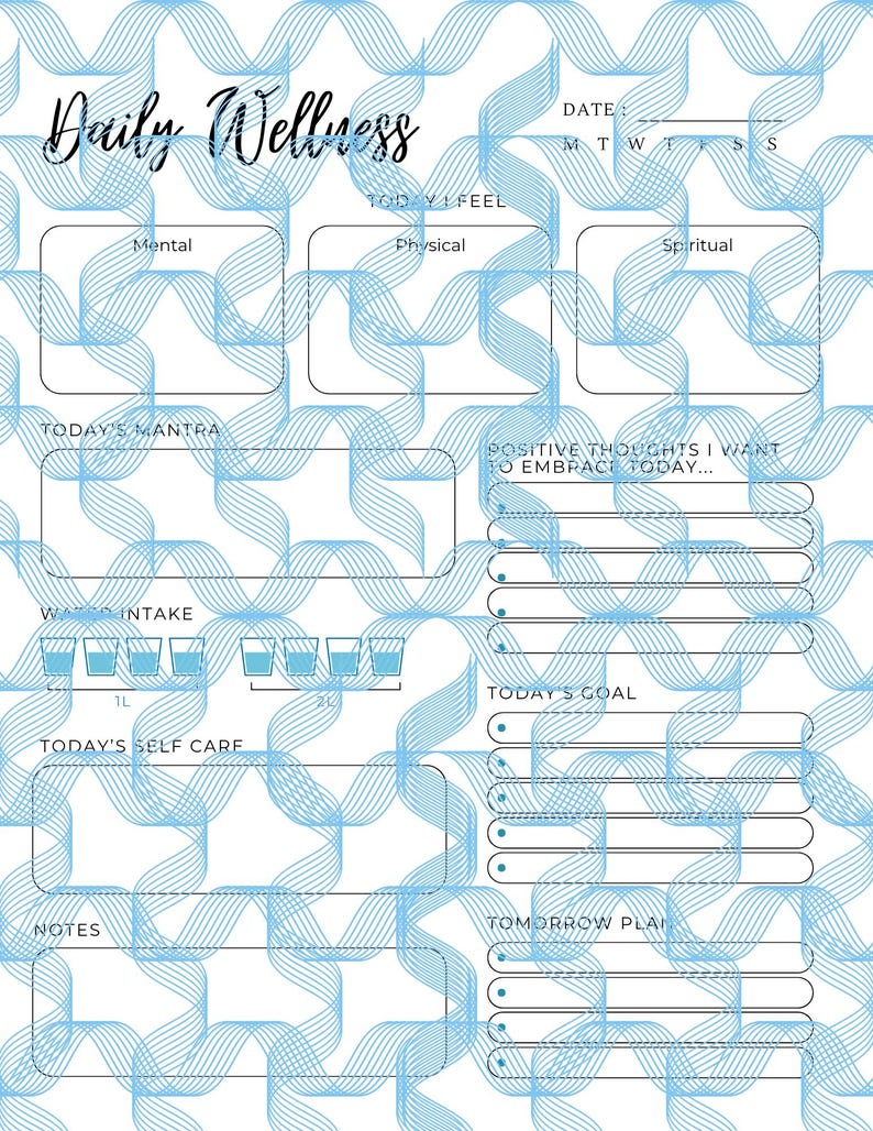 May include: A Daily Wellness planner in white and blue, with sections for mental, physical, and spiritual health. Includes prompts for daily goals, self-care, and positive thoughts. Features a water intake tracker and space for notes.