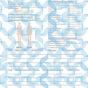 May include: A medical form titled "Daily full-body check in" with a white and blue design. It includes sections for recording symptoms, pain levels, and medication. The form has a blue wave pattern background and space to mark body areas.