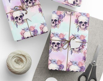 Pastel Gothic Floral Skull Wrapping Paper, Unique Gift Wrap, Alternative Gift Wrapping, Halloween Decor, Boho Style