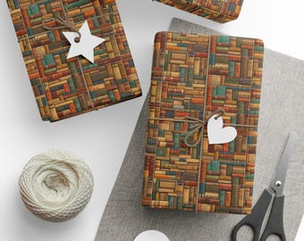 May include: Gift-wrapped presents with brown paper featuring a vintage book design. Each package is tied with twine and a white tag. A ball of twine, scissors, and blank tags are also visible.
