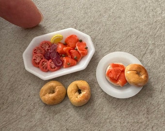 Miniature Dollhouse Lox and Bagels in 1:12 scale inch brunch food dish smoked salmon