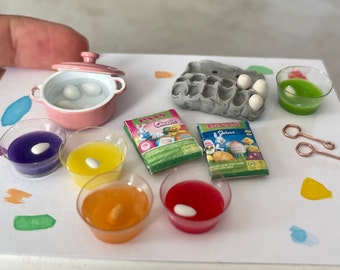 Miniature Dollhouse Easter egg dye scene in 1:12 scale desserts doll food