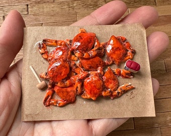 Miniature Dollhouse Steamed Crabs on kraft paper in 1:12 scale one inch maryland blue crabs seafood