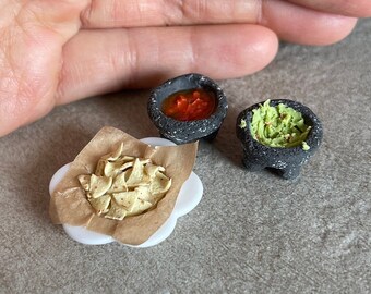 Miniature Dollhouse Bowl of tortilla chips and guacamole molcajete in 1:12 scale one inch mexican food dish