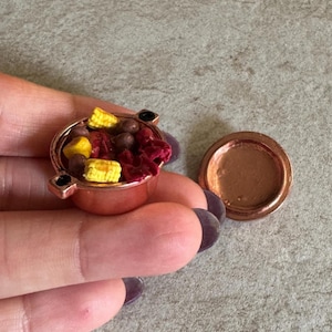 Miniature Dollhouse Crawfish Boil in copper pot on newspaper in 1:12 scale one inch mardi gras fat tuesday louisiana
