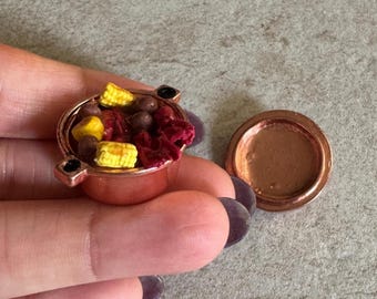 Miniature Dollhouse Crawfish Boil in copper pot on newspaper in 1:12 scale one inch mardi gras fat tuesday louisiana