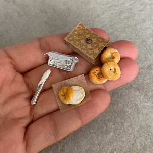 Miniature Dollhouse Bagels and cream cheese & knife in 1:12 scale inch brunch food dish