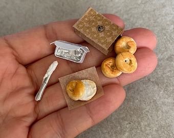 Miniature Dollhouse Bagels and cream cheese & knife in 1:12 scale inch brunch food dish
