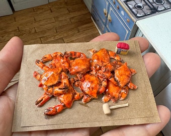 Miniature Dollhouse Steamed Crabs on kraft paper in 1:12 scale one inch maryland blue crabs seafood