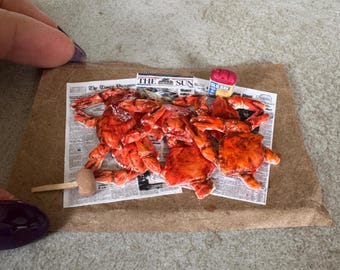 Miniature Dollhouse Steamed Crabs on newspaper in 1:12 scale one inch maryland blue crabs seafood