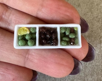 Miniature Dollhouse Assortment of Mixed olives in a plastic plate in 1:12 scale one inch bjd doll food