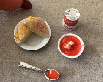 Miniature Dollhouse Grilled Cheese Sandwich and Tomato soup set in 1:12 scale one inch