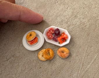 Miniature Dollhouse Bagel with lox on a plastic plate in 1:12 scale one inch brunch breakfast