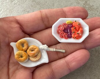 Miniature Dollhouse Lox, Bagels and cream cheese & knife in 1:12 scale inch brunch food dish smoked salmon