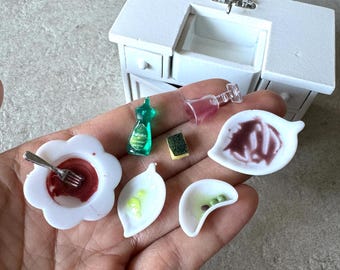 Miniature Dollhouse Dirty dishes and cleaning supplies in 1:12 scale one inch breakfast brunch food dish