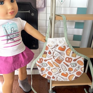 Baking print Apron for American Girl 18 inch dolls bread pumpkin pie crossaint bakery pretzel whisk cooking print