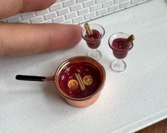 Miniature Dollhouse Vin Chaud in copper pot mulled wine pot and 2 glasses drink in 1:12 scale one inch