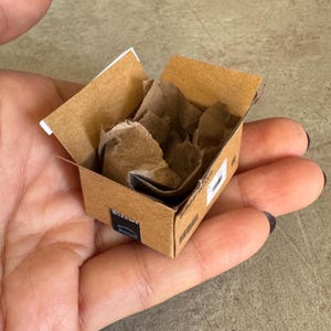 May include: A miniature cardboard box with the Amazon Prime logo, open to reveal brown packing paper. The box is held in a hand, showcasing its small size and detailed construction.