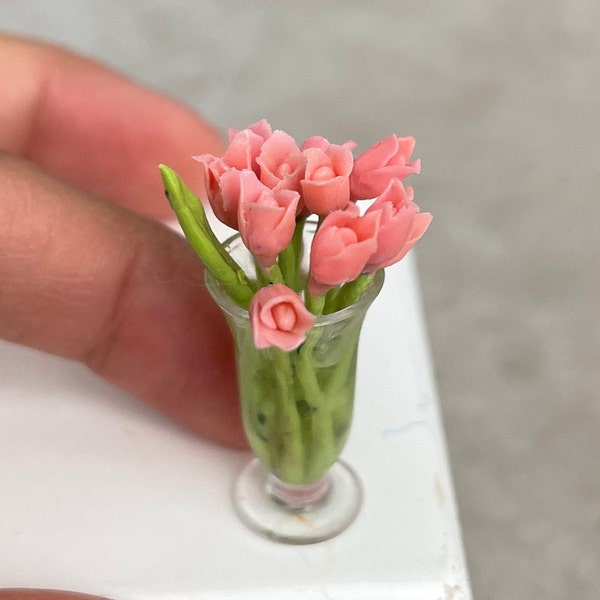 Miniature Dollhouse Pink Tulips in a vase in 1:12 scale desserts doll food
