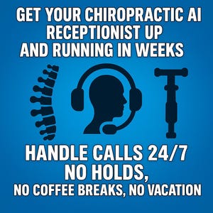May include: A blue and white illustration of a chiropractic AI receptionist. The image includes a stylized spine, a person with a headset, and a syringe. The text reads "GET YOUR CHIROPRACTIC AI RECEPTIONIST UP AND RUNNING IN WEEKS HANDLE CALLS 24/7 NO HOLDS, NO COFFEE BREAKS, NO VACATION".