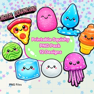 Può includere: Un set di download digitale con 12 design PNG di squishy stampabili. L'immagine include una fetta di pizza, una macchia rosa, una goccia d'acqua blu, un cono gelato arancione, un vortice verde, un cubetto di ghiaccio blu, una sfera bianca e una medusa rosa, tutti con faccine.