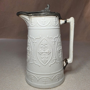 Antique English Salt Glaze Embossed Stoneware Pitcher w/ Metal Lid
