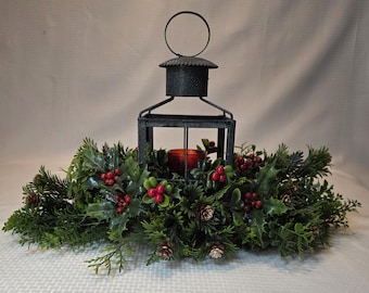 VTG Lantern Holiday Centerpiece W/ Candle Faux Greenery Berries Pine Cones 1950s