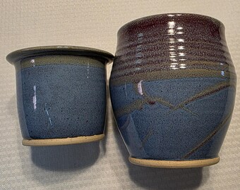 VTG 手作り陶器 入れ子式花瓶/ボウル ブルー釉装飾陶器 ブルー