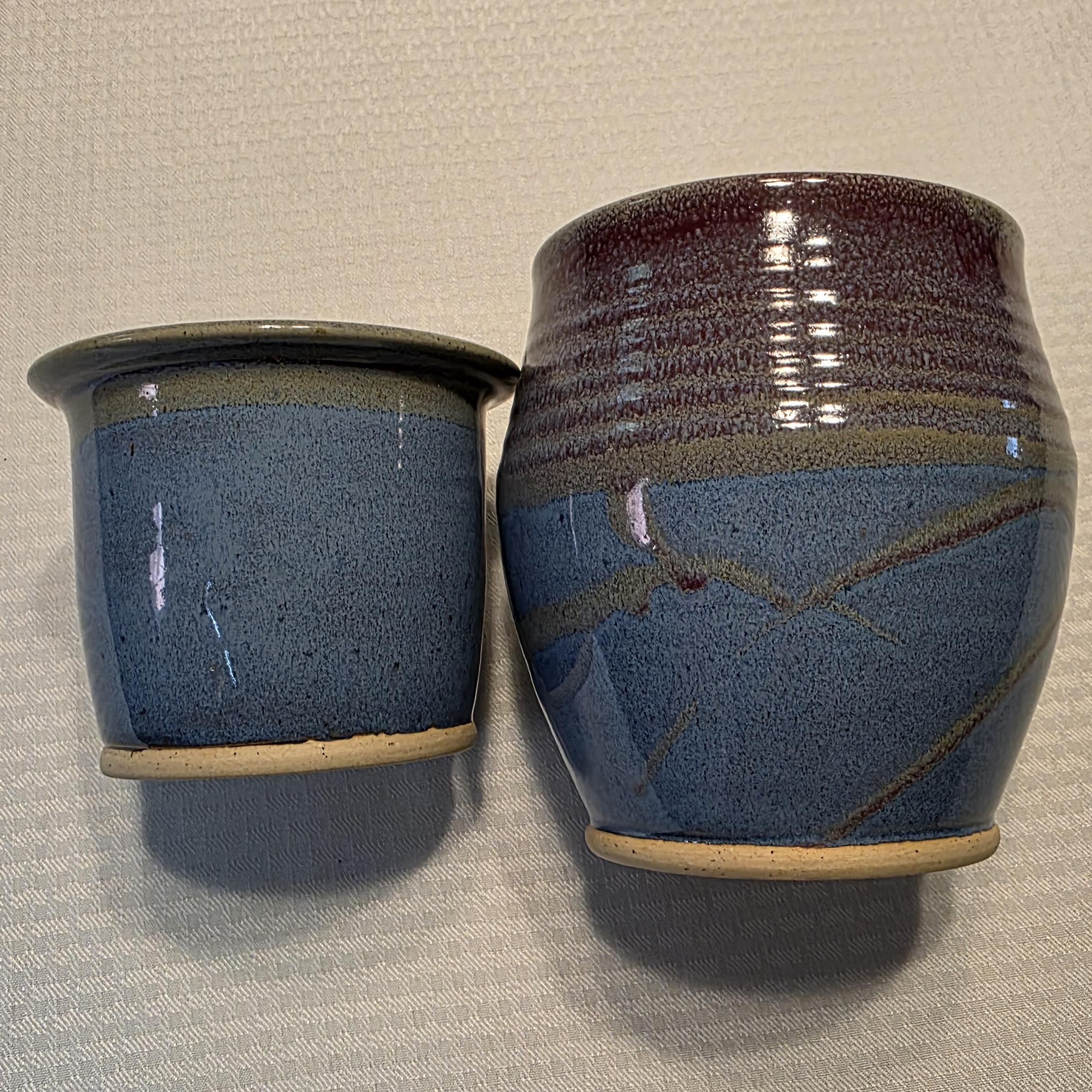 VTG 手作り陶器 入れ子式花瓶/ボウル ブルー釉装飾陶器 ブルー