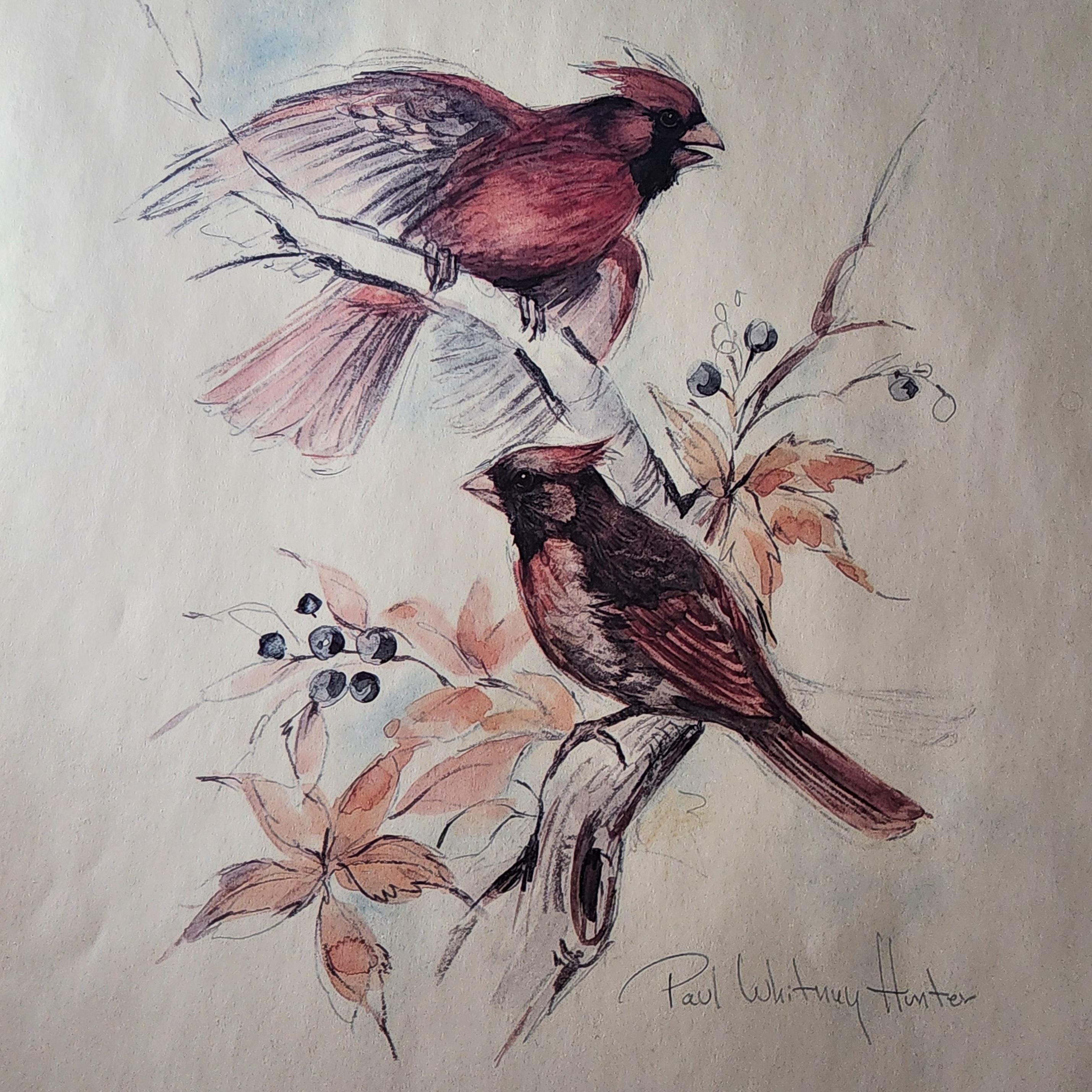 Vintage Signed Paul Whitney Hunter 'Cardinals In Branch" Lithograph 14x11 1960s