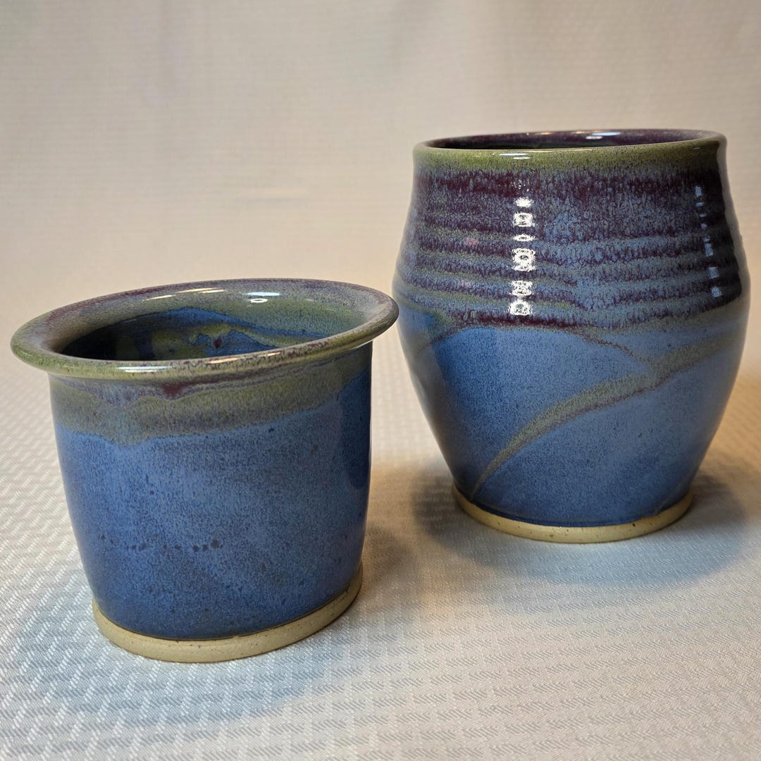 青緑色 陶器製 ボウル型花器 VTG 手作り陶器 入れ子式花瓶/ボウル ブルー釉装飾陶器 ブルー