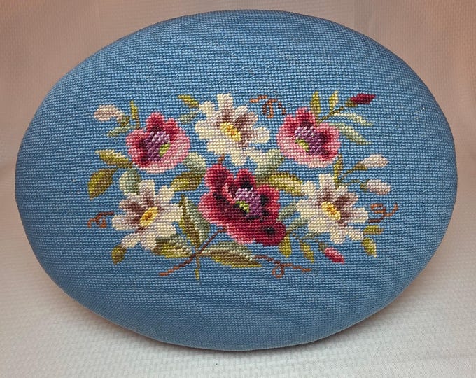 Needlepoint Foot Stool - 1920's Handmade, Floral Pattern on Blue ...