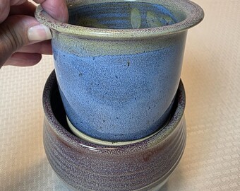 VTG 手作り陶器 入れ子式花瓶/ボウル ブルー釉装飾陶器 ブルー