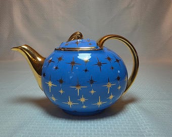 Vintage 1950s MCM Hall Periwinkle Blue and Gold Atomic Starburst 6 Cup Teapot