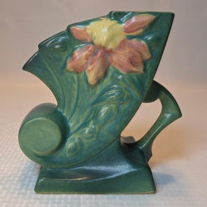 Roseville Pottery Green and Pink Art Deco Vase w/ Floral Pattern - Style # 193-6