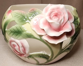 Franz Porcelain Rose Cache Pot: Hand-painted 