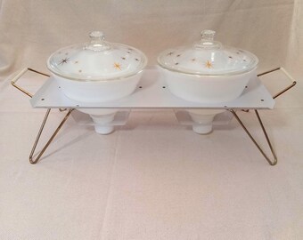 Vintage Anchor Hocking, Fire King Rare Double Chafing Dish -Atomic Starline 1960s