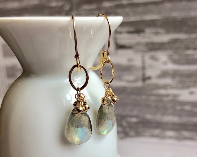 14 Karat Gold and Labradorite Earrings on Leverbacks | Stunning Gray Gemstones on Gold