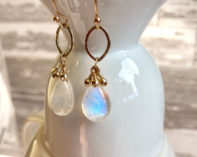 Rainbow Moonstone and 14k Solid Gold Earrings on Leverbacks