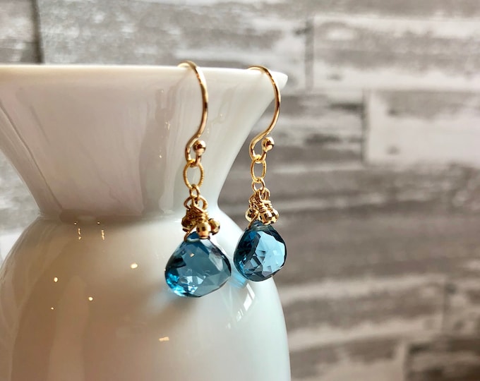 London Blue Topaz and Gold Earrings--14k Solid Gold Ear Wires