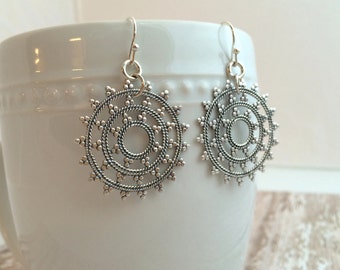 Sterling Silver Medium Snowflake Mandala Earrings. Medium Boho Earrings